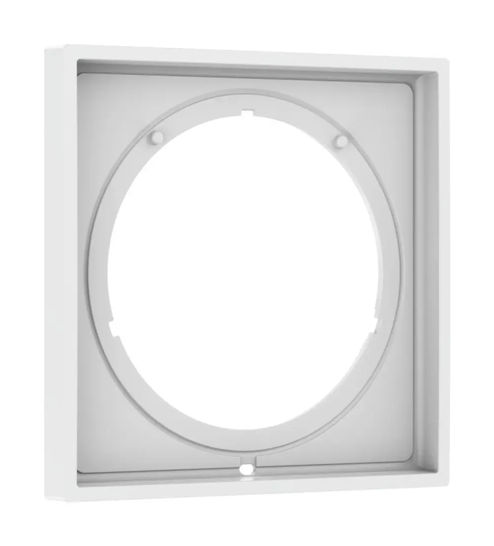 Eckige Verlängerungsrosette in Mattweiß, geeignet für Hansgrohe Produkte. Die Rosette hat einen runden Ausschnitt in der Mitte und Details zur Befestigung.
